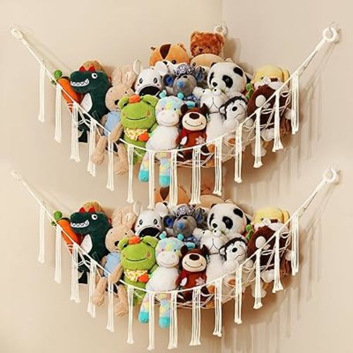 2 Pack Stuffed Animal Hammocks, Corner Toy Storage Net for Plush Toys, Boho Nursery Hanging Organizer for Kids Bedroom and Playroom