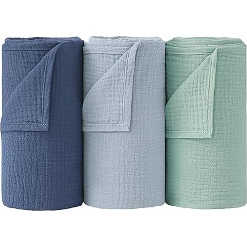 Bearmoss Muslin Swaddle Blankets 100% Cotton Large Baby Swaddle Blankets 47x47in, Super Soft Breathable Receiving Blankets for Unisex Baby Boys Girls (3Pack Indigo Tree)