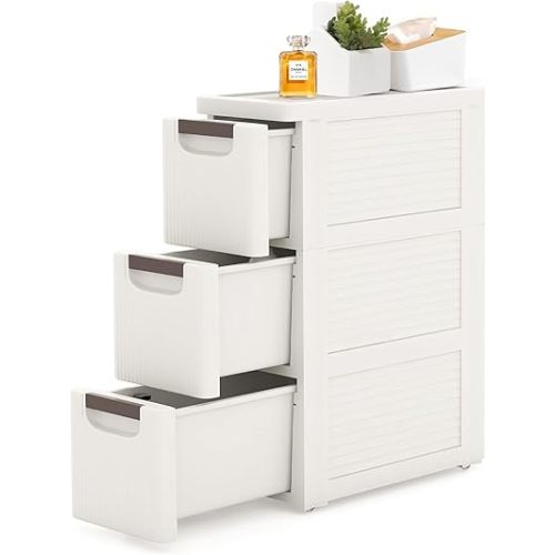 3 Drawers Slim Bathroom Storage Cabinet Dresser, Narrow Plastic Rolling Cart Organizer with Drawers, for Small Spaces, Kitchen, Laundry, Office, Bedroom, White