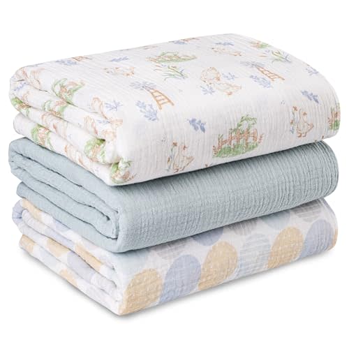 Muslin Swaddle Blankets for Newborn, 3 Pack Breathable Soft Receiving Blanket, Large 38 x 40 inches Swaddle Wrap Burping Clothes Diapers, Essentials Infant Shower Items, Toddler Gift (Cute Country)
