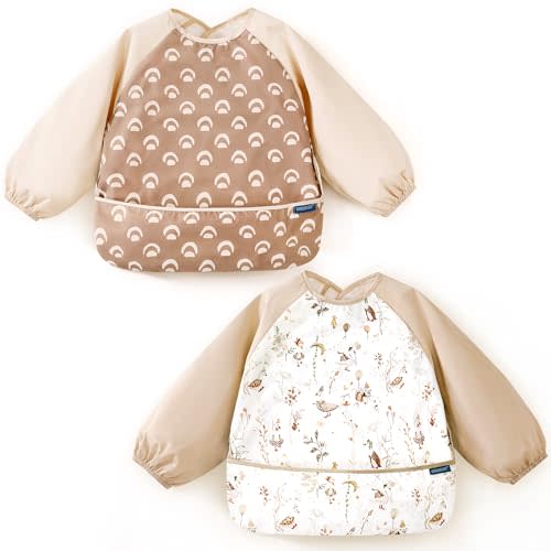 GRSSDER 2 Pack Long Sleeve Baby Feeding Bibs, Super Soft Lightweight Waterproof Coverall Baby Led Weaning Bib with Large Food Catcher Pocket, Adjustable and Easy Clean for 6-30 Months