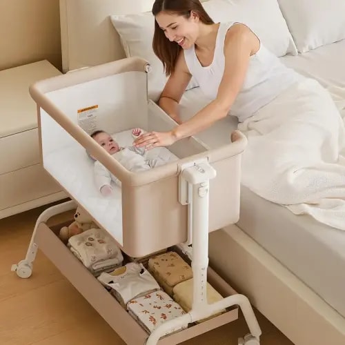 3-in-1 Baby Bassinet, Rocking Bassinet, Bedside Bassinet for Baby, Stable and Secure Bassinet Bedside Sleeper for Newborn & Infant, 6 Height Adjustable with Wheels, Mattress & Breathable Mesh (Khaki)