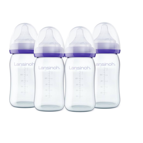 Lansinoh Anti-Colic Glass Baby Bottles, 5 Ounces, 4 Count Bottles for Feeding, Baby Essentials, Includes 4 Slow Flow Nipples, Size S