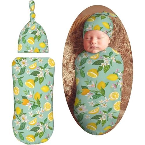 Flowers with Lemon Newborn Swaddle Blankets Hat Sets Soft Baby Receiving Blanket Swaddle Sack for Baby Shower Infant Boy Girl Gift