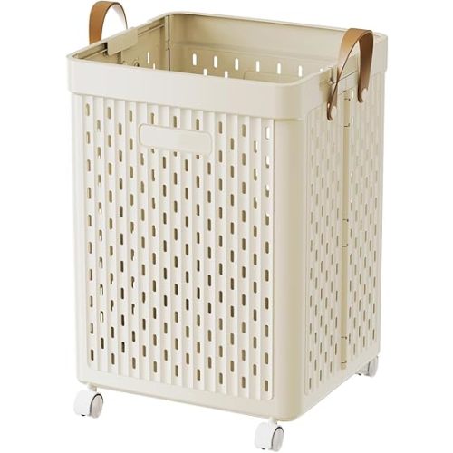 UAK Plastic Laundry Basket with Wheels & Handle, 61L Heavy Duty Foldable Laundry Hamper – Easy Clean Waterproof Rolling Organizer for Bathroom & Laundry Room, Ivory