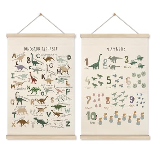 HRQKO Dinosaur Alphabet Poster Hanger Frame Set of 2, Dinosaur Wall Decor, Nursery Wall Decor, ABC Poster Wall Art with Wooden Frames, Alphabet Banner Wall Hanging Decor for Boys Room, 16x24 Inch