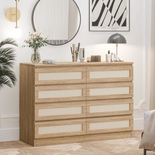 M optimized 8 Drawer Double Dresser for Bedroom, Rattan Chest of Dressers, Modern Wooden Dresser Chest, Beside Table for Closet, Nursery, Living Room, Entryway, Light Brown