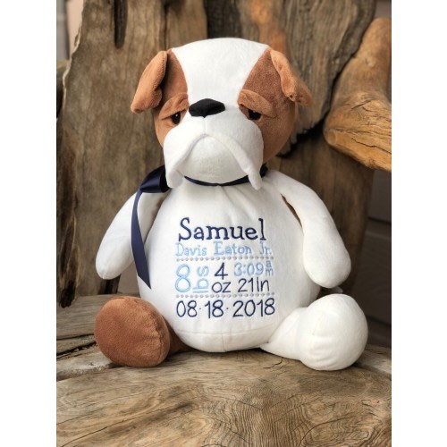 Personalized Stuffed Animal, Embroidered, Bulldog Puppy, Keepsake, Monogram, Birth Stats, Name, Custom Message