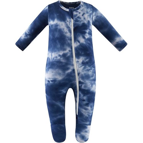 Owlivia Organic Cotton Baby Pajamas, Boys Girls Zip Front Sleep 'N Play, Footed Sleeper, Long Sleeve(0-3 Months, Tie Dye Dark Navy)