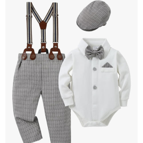 DISAUR Baby Boy Clothes Suits 4PCS Gentleman Outfit Dress Romper Beret Hat Suspender Pants Bow Tie Wedding Set