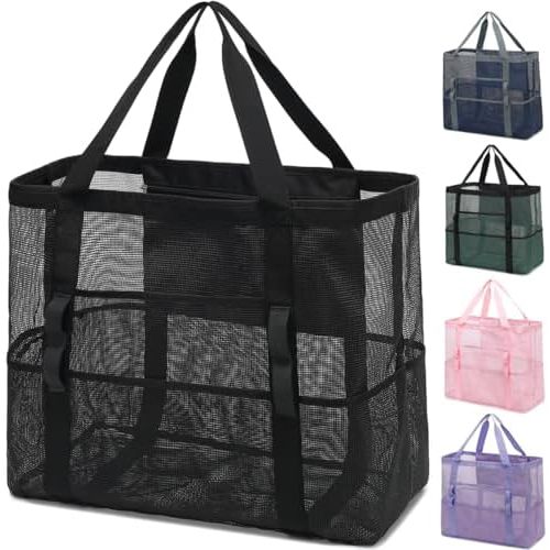 Mesh Beach Bag, Large Beach Tote with Zipper Pocket for Family Pool Bag for Toys & Vacation Essentials