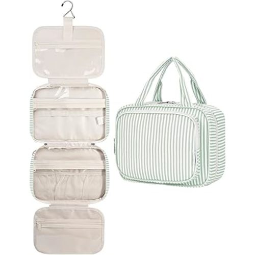 Narwey Striped Hanging Toiletry Bag for Women Travel Makeup Bag Organizer Toiletries Bag for Travel Size Essentials Accessories Cosmetics (Mint Green Stripe (Medium))