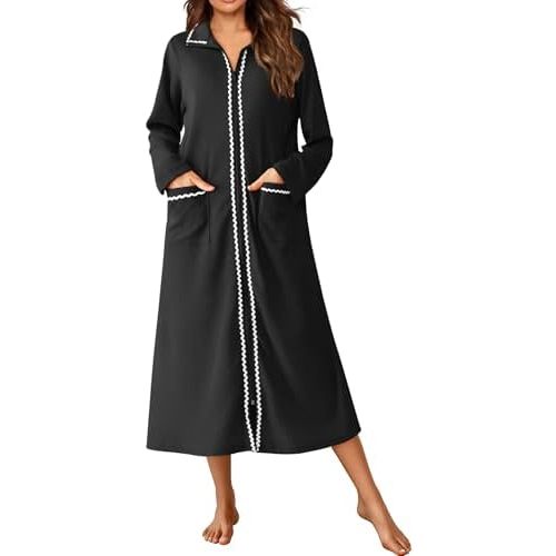 Ekouaer Zipper Robes for Women Long Waffle Knit Bathrobe Lightweight Long Sleeves Robe Soft Sleepwear with Pockets S-XXL