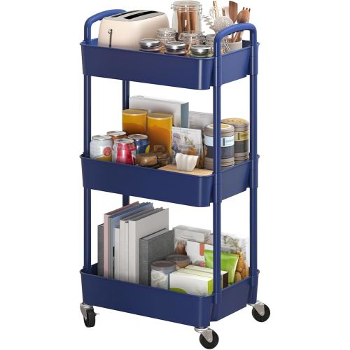 Sywhitta 3-Tier Plastic Rolling Utility Cart with Handle, Multi-Functional Storage Trolley for Office, Living Room, Kitchen, Movable Storage Organizer with Wheels, Blue