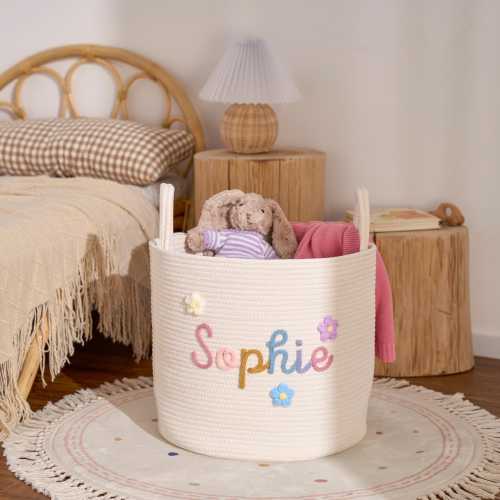 Personalized Woven Basket – Custom Name Storage Basket for Baby Toys, Nursery Organizer or Pet Toy Bin, Handmade Gift