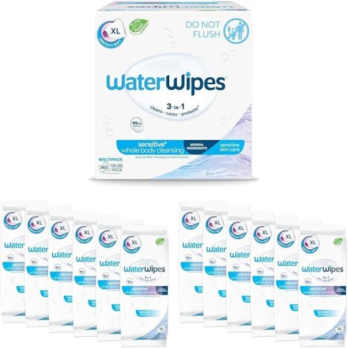 WaterWipes Sensitive Whole Body Cleansing Wipes, 99.9% Purified Water, XL Textured Wipes, Incontinence Care, Fragrance Free, 90 Count