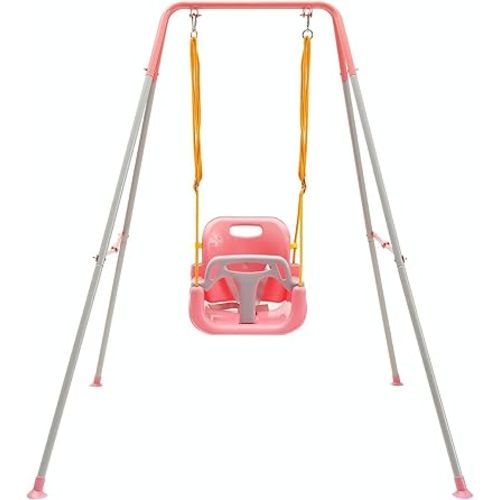 FUNLIO Toddler Swing with Foldable Metal Stand for Aged 1~10 Years, 3-in-1 Baby Swing Set with 4 Sandbags for Backyard, Kids Swing Set for Indoor/Outdoor Play, Easy to Assemble & Store, Pink
