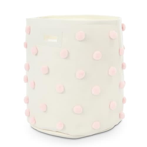 Pink 17.5" D x 20.8" H Pom Pom Basket Bin Large Cotton Canvas Laundry Hamper Baby Girl Laundry Basket Storage, Baby Nursery Hamper for Nursery Playroom Home Room Organizer Decor
