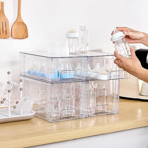 Vtopmart 4 Pack Clear Stackable Storage Drawers,Easy to Assemble Bathroom Organizers and Storage with handles,Plastic Drawers for Kitchen Pantry,Cabinet,Under Sink Organization