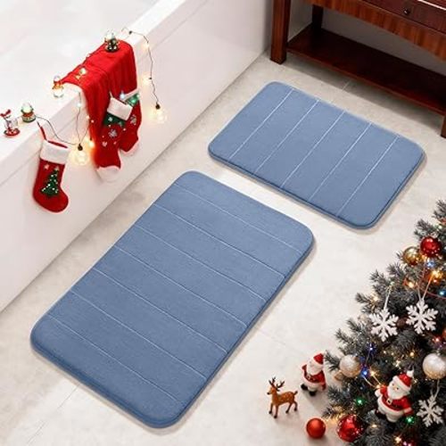 Yimobra Memory Foam Bathroom Rugs Sets 2 Piece - Super Soft Absorbent Quick Dry Bath Mat Set, Machine Washable Non Slip Floor Carpet for Tub Shower & Single Sink (17x24 & 31.5x20 Inch, Denim Blue)