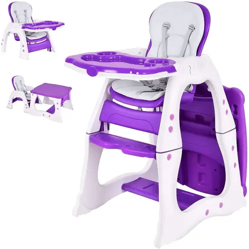 Costzon Baby High Chair, 3 in 1 Infant Table and Chair Set, Convertible Booster Seat with 3-Position Adjustable Feeding Tray, Adjustable Seat Back, 5-Point Harness (Purple)