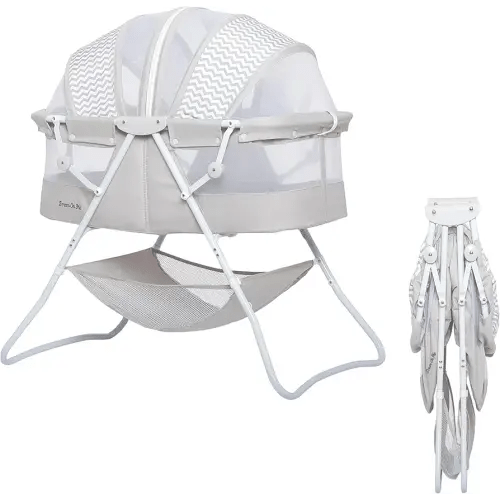 Karley Bassinet in Grey, Lightweight Portable Baby Bassinet, Quick Fold and Easy to Carry , Adjustable Double Canopy, Indoor and Outdoor Bassinet with Large Storage Basket.