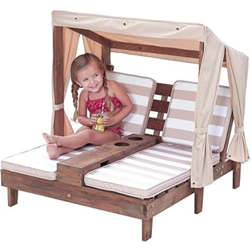 KidKraft Wooden Outdoor Double Chaise Lounge with Cup Holders, Patio Furniture for Kids or Pets, Espresso with Oatmeal and White Striped Fabric