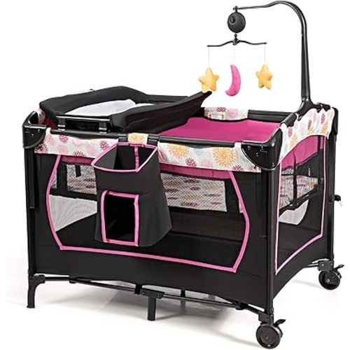 HONEY JOY Pack and Play, 4 in 1 Baby Bedside Sleeper w/Diaper Changing Table & Storage Bag, Toy Rack & Music Box, Portable Baby Playard with Bassinet, Carry Bag for Newborn to Toddlers (Rose)