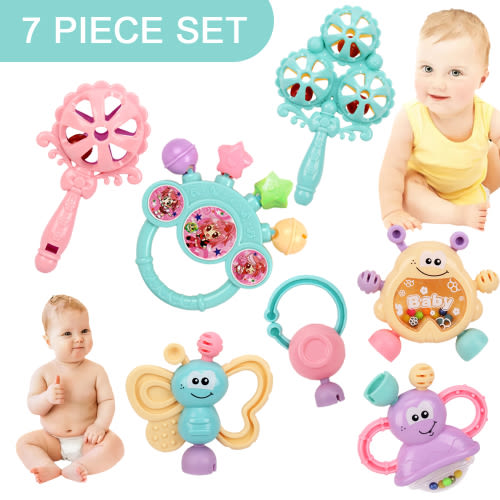 SNNROO 7Pcs Baby Rattle Toys, Infant Shaker, Teether, Grab and Spin Rattles, Musical Toy Set, Early Educational, Gifts for 3-12 Months Newborn Baby