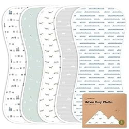 Organic Burp Cloths for Baby Boys and Girls - 5-Pack Ultra Absorbent Burping Cloth, Burp Clothes, Newborn Towel, Milk Spit Up Rags, Burpy Cloth Bib for Unisex, Boy, Girl, Burping Rags (Vessels)
