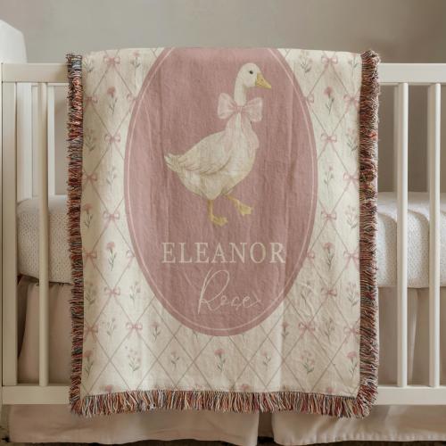 Personalized Goose Baby Blanket, Pink Vintage Nursery Decor, Custom Name Baby Throw, Baby Shower Gift, Newborn Keepsake