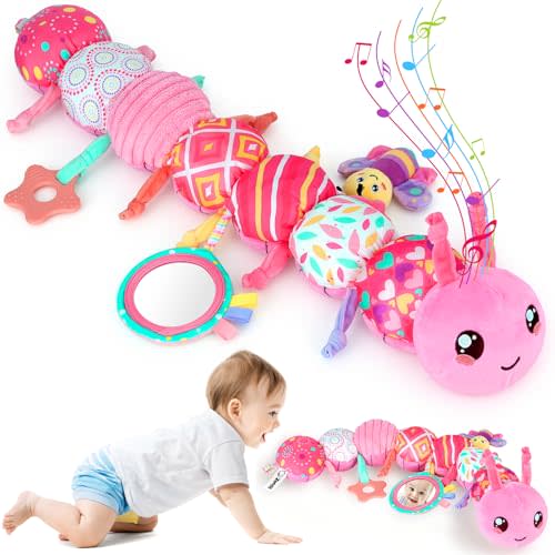 Baby Girls Toys 6-12 Months - Infant 6-in-1 Sensory Music Animal Stuffed Caterpillar Toy with Rattle & Mirror Crinkle for Tummy Time, Newborn 0 3 6 9 12 18 Shower Gifts Soothing Companion Toys, Pink