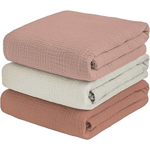 Muslin Swaddle Blankets for Baby Boy - 3 Pack 47x47 Inch Large Receiving Blankets Neutral, Soft Breathable Cotton Nursery Swaddles for Newborn, Infant (Cameo Brown, Cream White, Terracotta)