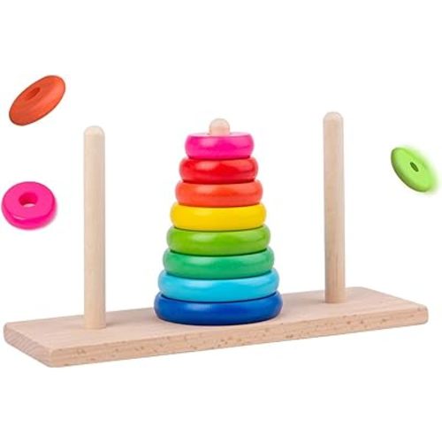 GYBBER&MUMU Wooden Towers of Hanoi (8 Rings) Rainbow Blocks Toy with Storage Box for Kids 3 Years and Up