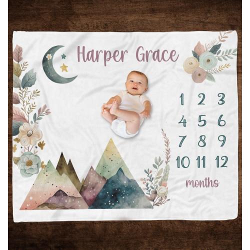 BOHO MOUNTAIN PERSONALIZED Baby Girl Milestone Blanket, Floral Mountains Blanket, Baby Growth Blanket Mountains Moon Stars, Baby Shower Gift