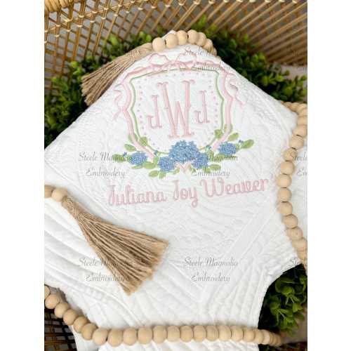Blue Hydrangeas Pink Bow Baby Heirloom Quilt Birth Announcement Embroidered Grandmillenial Nursery Decor Personalized Baby Girl Shower Gift