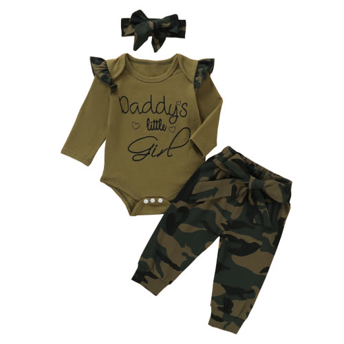 NZRVAWS Infant Baby Girl Clothes Ruffle Fly Long Sleeve Daddy's Little Girl Romper Top Camouflage Pants with Headband 3PCS Baby Girl Outfit Set 12-18 Months