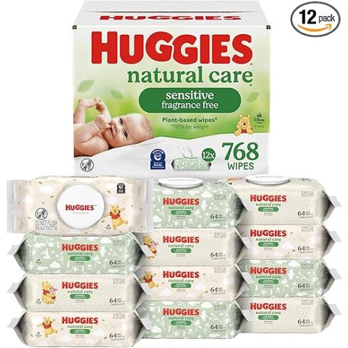 Huggies Natural Care Sensitive Baby Wipes, Unscented, Hypoallergenic, 99% Purified Water, 12 Flip-Top Packs (768 Wipes Total), Packaging May Vary