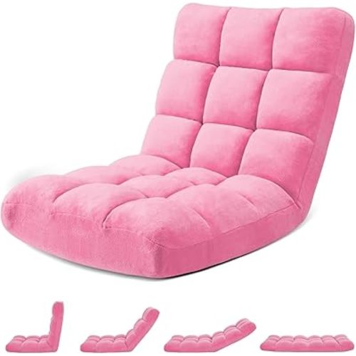Folding Floor Gaming Chair 14-Poistion Cushioned Adjustable Floor Lazy Sofa Chair w/Breathable Cotton & Skin-Friendly Coral Velve for Adults & Kids Perfect for Reading Gaming Meditating, Pink