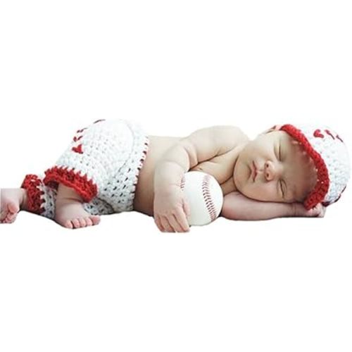 Newborn Baby Boys Photography Prop Crochet Baseball Hat Shorts,White with red,One Size