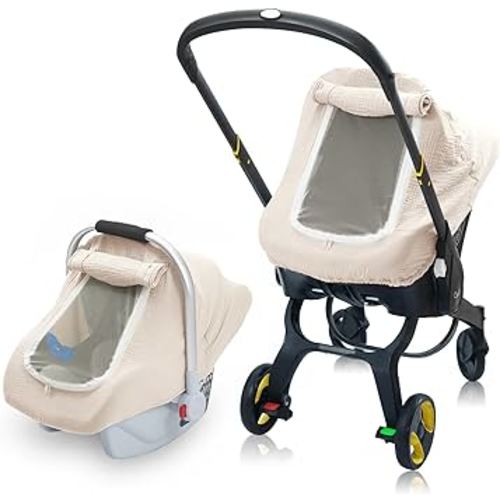 3 Layer Muslin Baby Car Seat Cover, Infant Car Seat Cover with Mesh Peep Window, Breathable Carseat Cover Canopy, Carrier Cover with Privacy Sun Shade, Baby Stroller Weather Shields