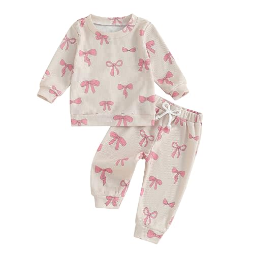 Baby Girl Clothes Cute Bow Print Long Sleeve Sweatshirt Pants Set Waffle Knit Toddler Spring Fall Outfit