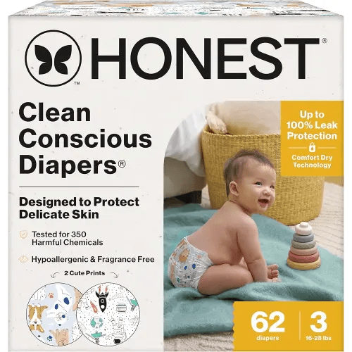 The Honest Company Clean Conscious Diapers for Delicate Skin | Up to 100% Leakproof | Hypoallergenic, Fragrance Free | Gender Neutral | Club Box, Size 3 (16-28 lbs), 62 Count (Prints May Vary)