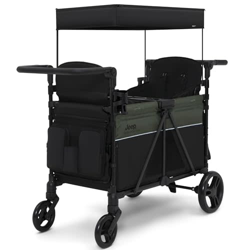 Jeep Aries Stroller Wagon by Delta Children Premium Wagon for 2 Kids with Convertible Seats, Adjustable Push/Pull Handles, Removable Canopy & Flat Fold - Greenguard Gold Certified, Black/Green