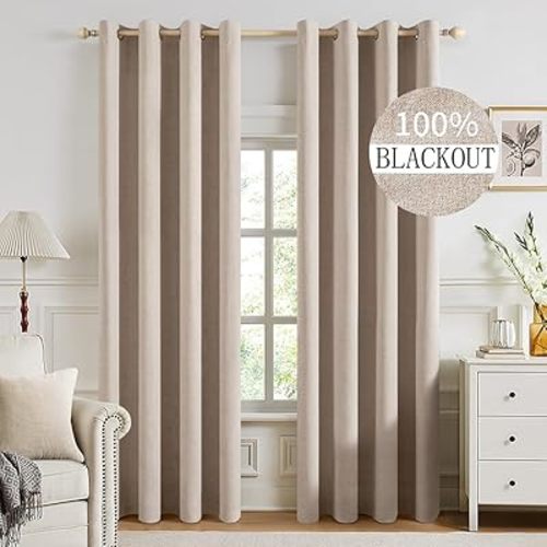 MIULEE 100% Blackout Linen Textured Curtains for Bedroom Solid Thermal Insulated Natural Beige Grommet Room Darkening Curtains & Drapes Luxury Decor for Living Room Nursery 52 x 92 Inch (2 Panels)