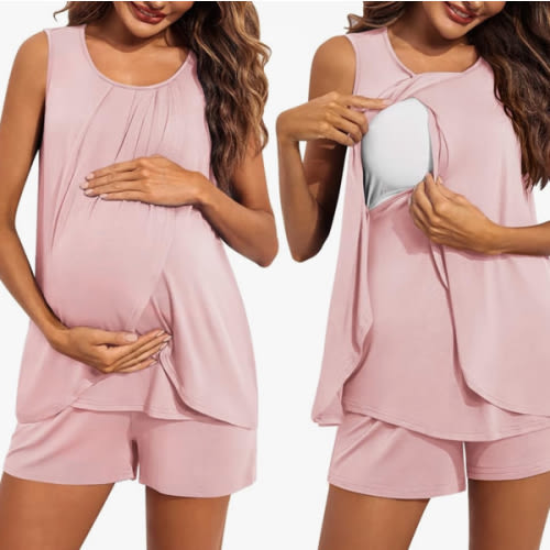 Ekouaer Women Maternity Nursing Pajama Set Breastfeeding Sleepwear Double Layer Sleeveless Top & Shorts Pregnancy PJS