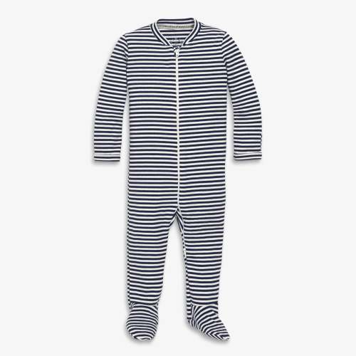 Baby organic zip footie in stripe - Navy / ivory mini stripe / 0-3 months