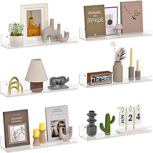 6 Pack Clear Floating Shelves for Wall, 15"