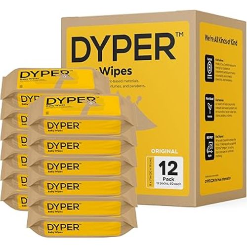 DYPER Baby Wipes | 99% Water | 100% Plant-Based | Hypoallergenic for Sensitive Skin | Fragrance Free | Plastic-Free | 12 Pack, 720 Wipes
