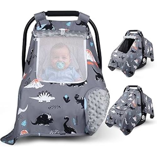 Car Seat Cover Baby, Carseat Covers Baby with 2 Layers Breathable Zipper Windows, Windproof Infant Car Seat Cover, Kick-Proof Baby Carrier Cover for Baby Boy Newborn Essentials